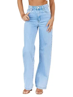 Casual Retro Jeans for Women Mid Waisted Loose Straight Jeans Cargo Pants Wide Leg Pants Streetwear Light Blue XL