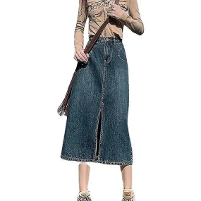 High Waist Skirts For Women  New Fashion Vintage Ssplit Loose Denim Skirt Chic Streetwear Solid Mid Calf Long Skirt