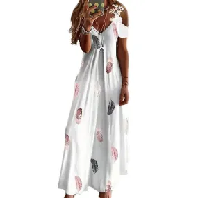 Maxi Dress Feather Printed Lace Sling Ladies Loose-fitting A-line Long Dress Streetwear