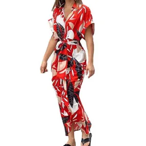 Shirt Dress Lapel Dressing Up Single Breasted Stylish Colorful Leaves Print Draped Maxi Dress Streetwear