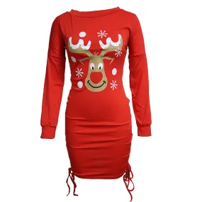 Slash Neck Long Sleeve Elk Snowflake Print Christmas Dress Autumn Side Drawstring Hip Wrap Bodycon Mini Dress Streetwear