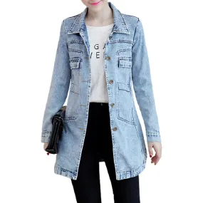 Turn-Dwon Collar Flap Pockets Denim Jacket Shrink Resistant Irregular Hem Long Women Jacket Streetwear