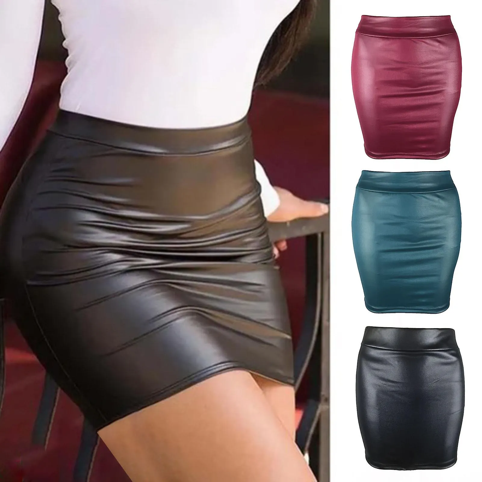 Women Mini Skirt Solid Color High Waist Slim Fit Skinny Matte Faux Leather Cozy Commuter Bodycon Skirt Streetwear